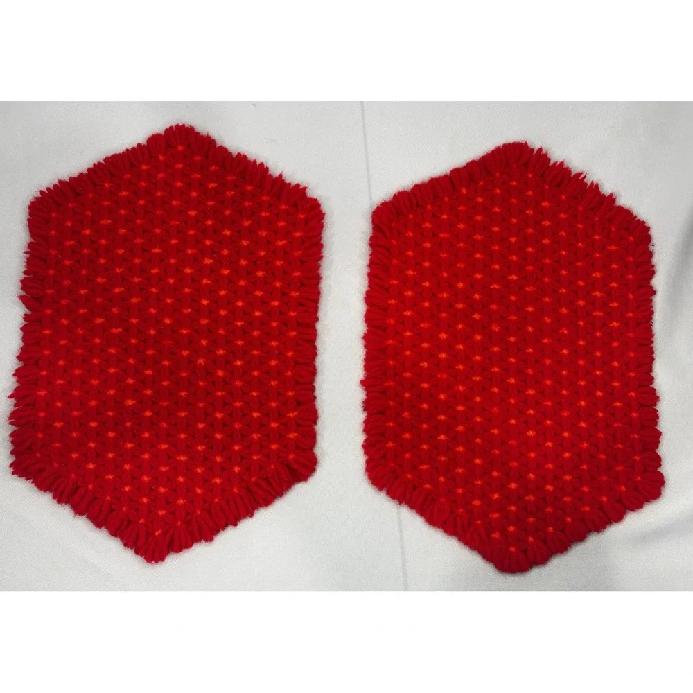Vintage Set 2 Crochet‎ Placemat Doilies Red Orange Flowers/Stripes Handmade